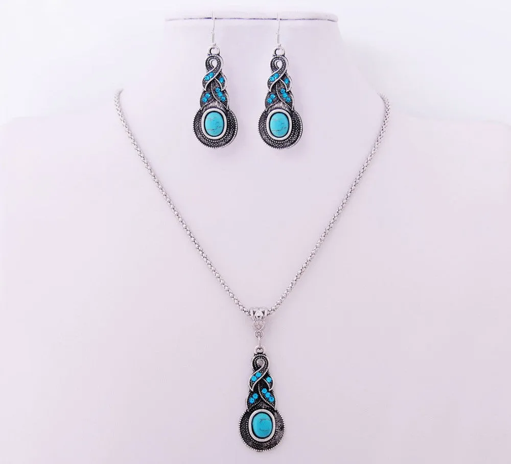 Women Jewelry Tibetan Silver CZ Crystal Chain Pendant Necklace Earrings Set Round Turquoise Jewelry sets